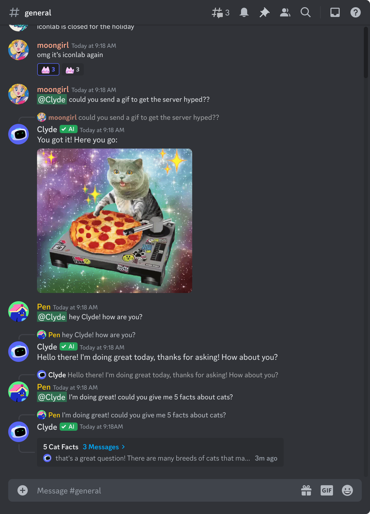 Discord users Pen and Moongirl are seen utilising Clyde AI in the #general chat. Moongirl ask Clyde to show them a GIF, and then Pen asks Clyde how he's feeling on that day and proceeds to ask for 5 facts about cats!