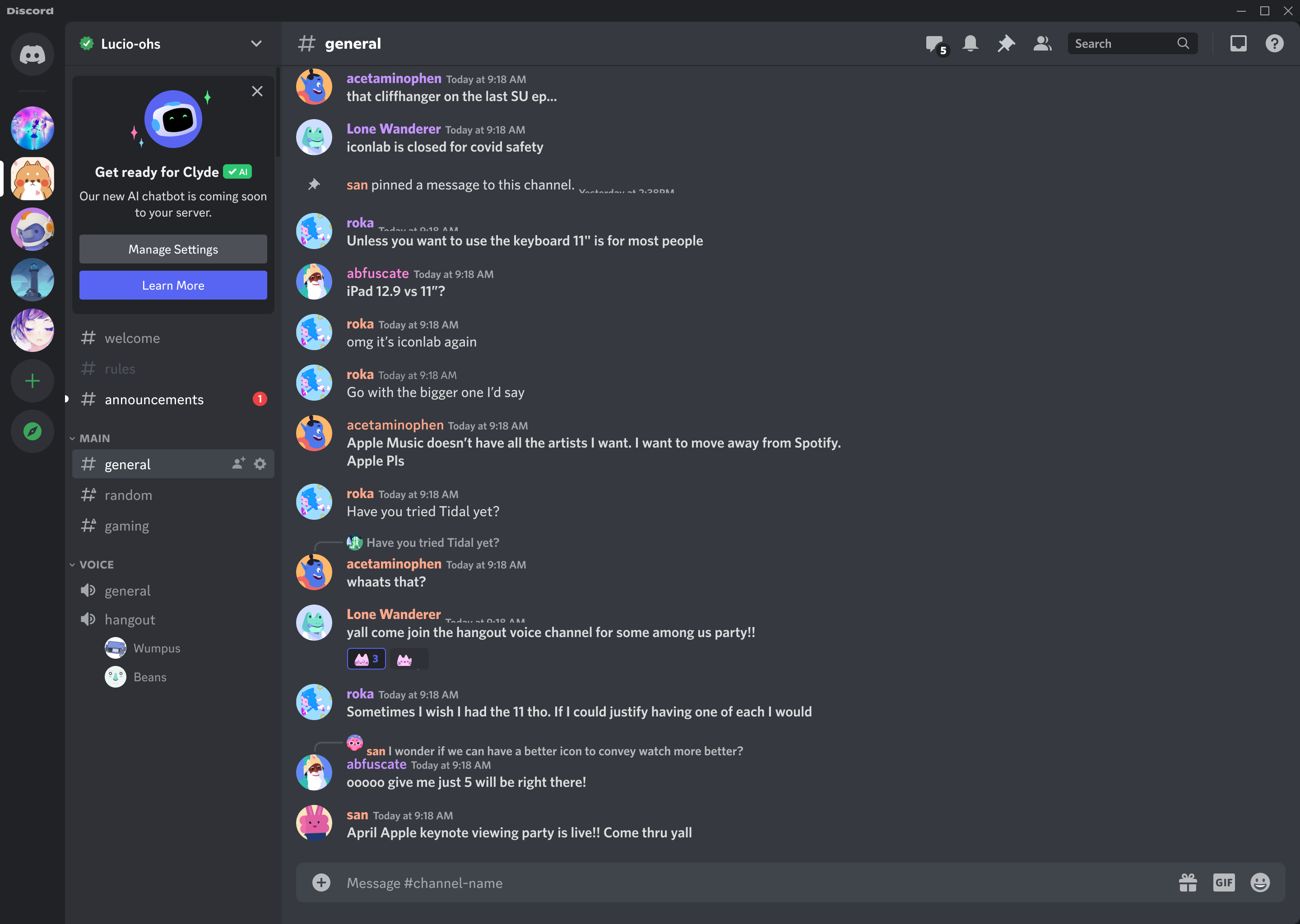A screenshot of a Discord text channel, with a prompt to enable the new Clyde AI chatbot feature in the top left corner